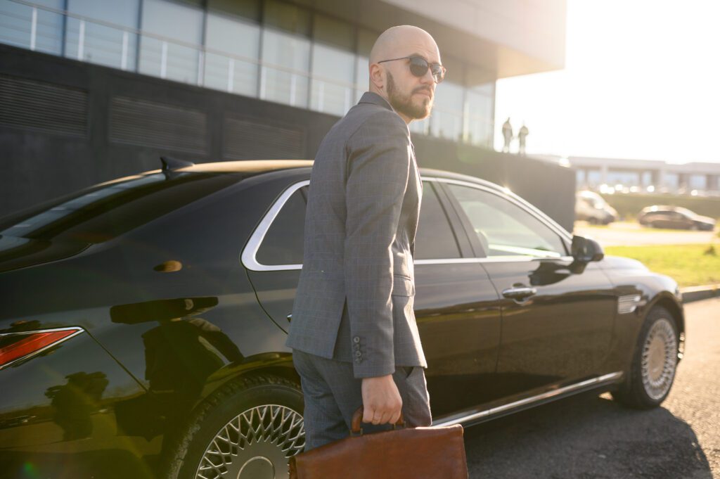 businessman walks on the background of a building and a car