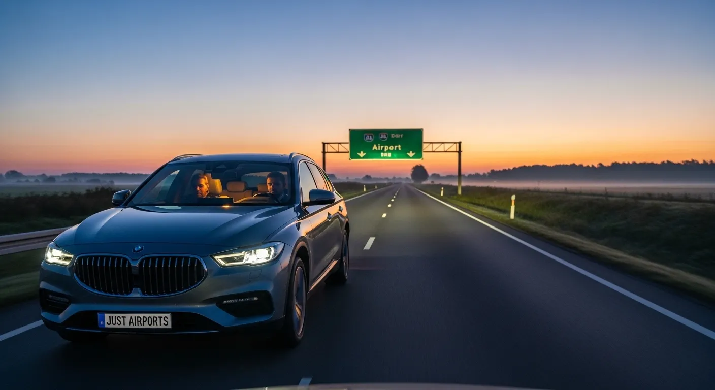 A private hire airport taxi driving on a quiet road before sunrise, airport signage ahead, soft interior lighting, realistic travel photography showing a smooth early morning journey